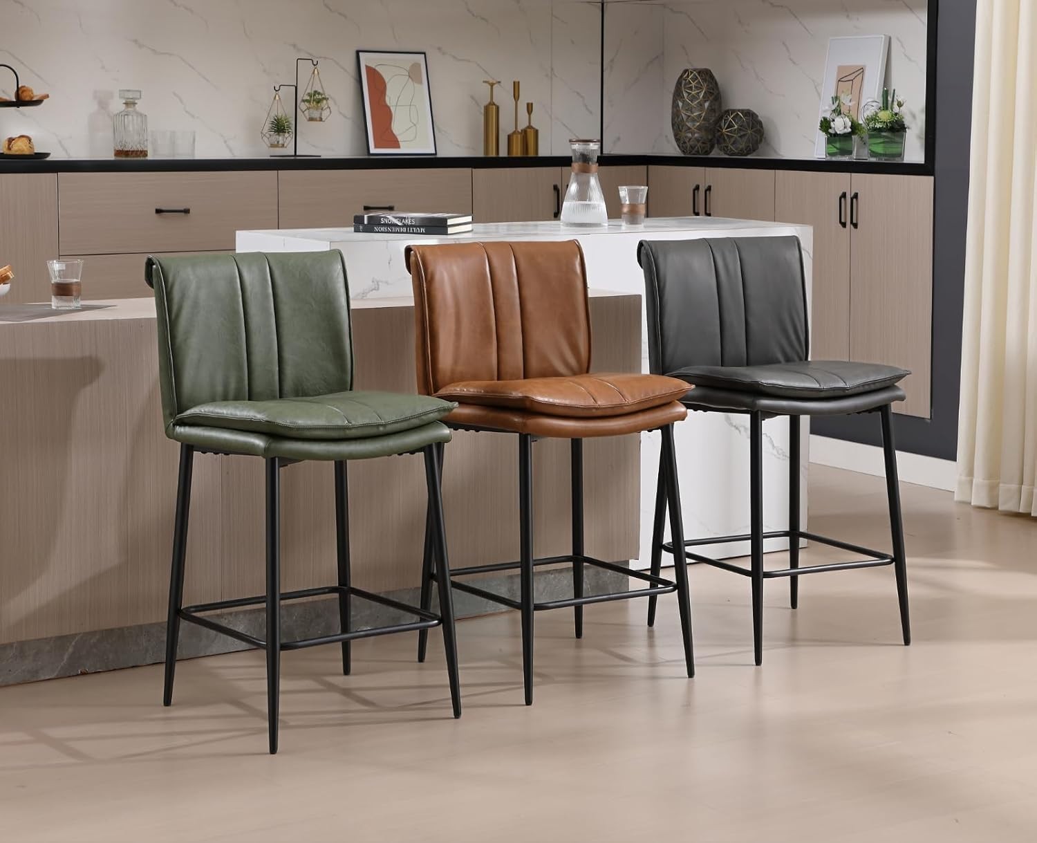 Grey Bar Stools Set of 2 PU Leather Counter Chairs with Footrest