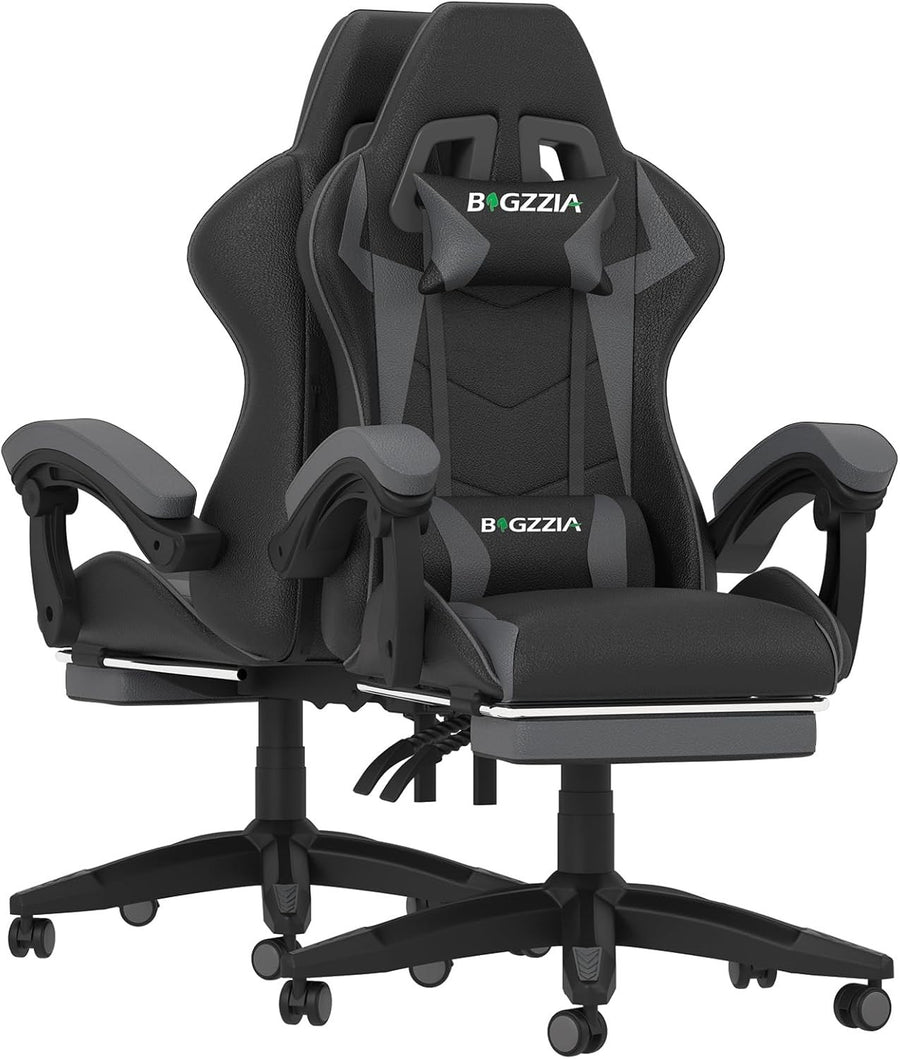Gaming Chair PC Racing Seat LED Lights Faux Leather Recliner Ergonomic Grey