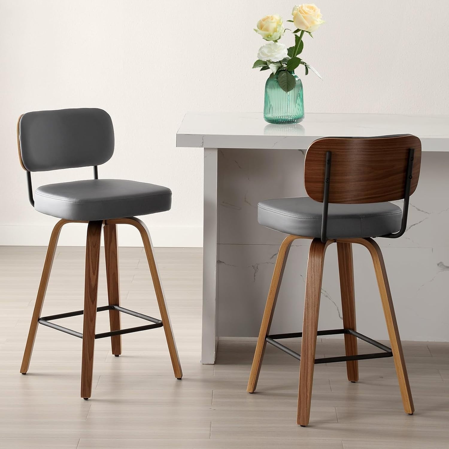 Grey Leather Back Bar Stools Set of 2 – 65cm Swivel Counter Chairs