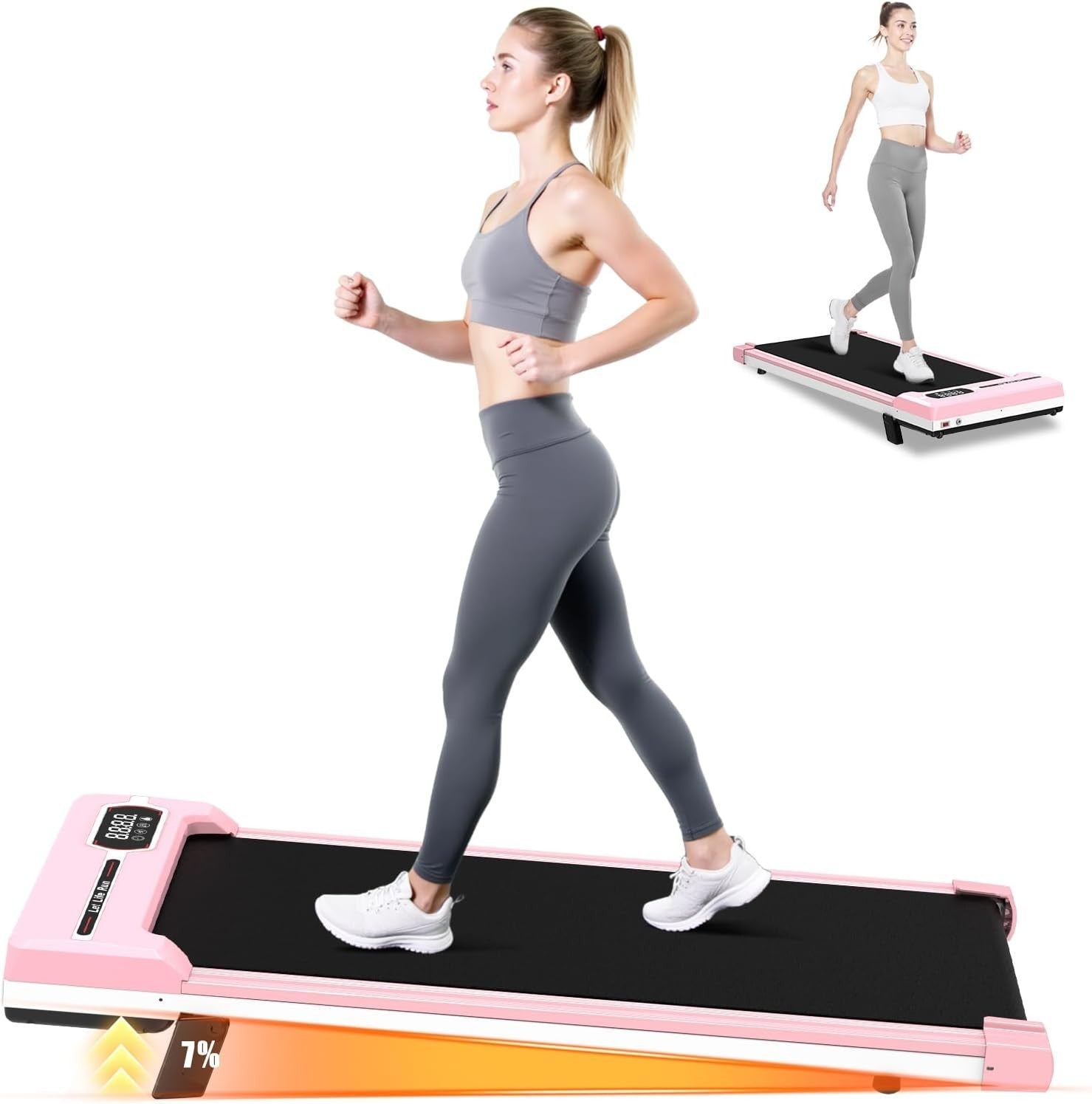 Under Desk Walking Pad Treadmill 7% Incline 2.5HP Compact Quiet LED Remote