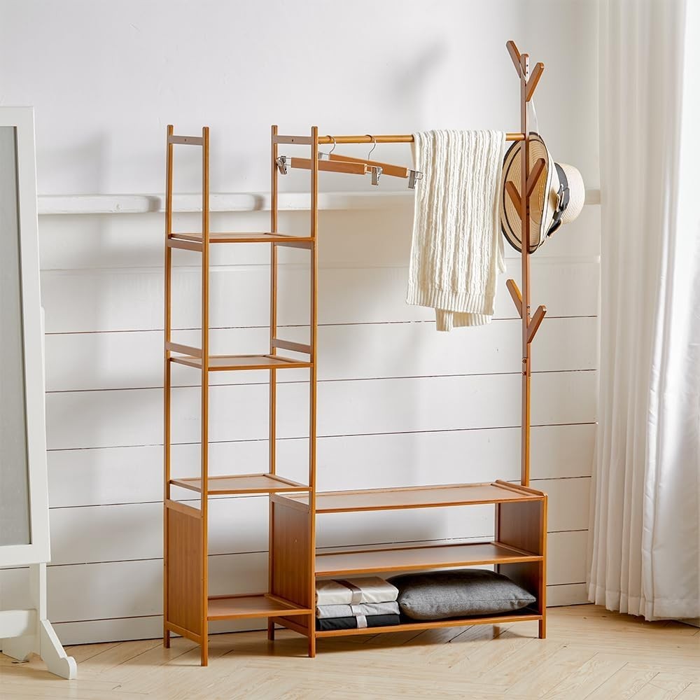 Bamboo Clothes Rail with 6 Shelves & Hooks, 100cm Wardrobe