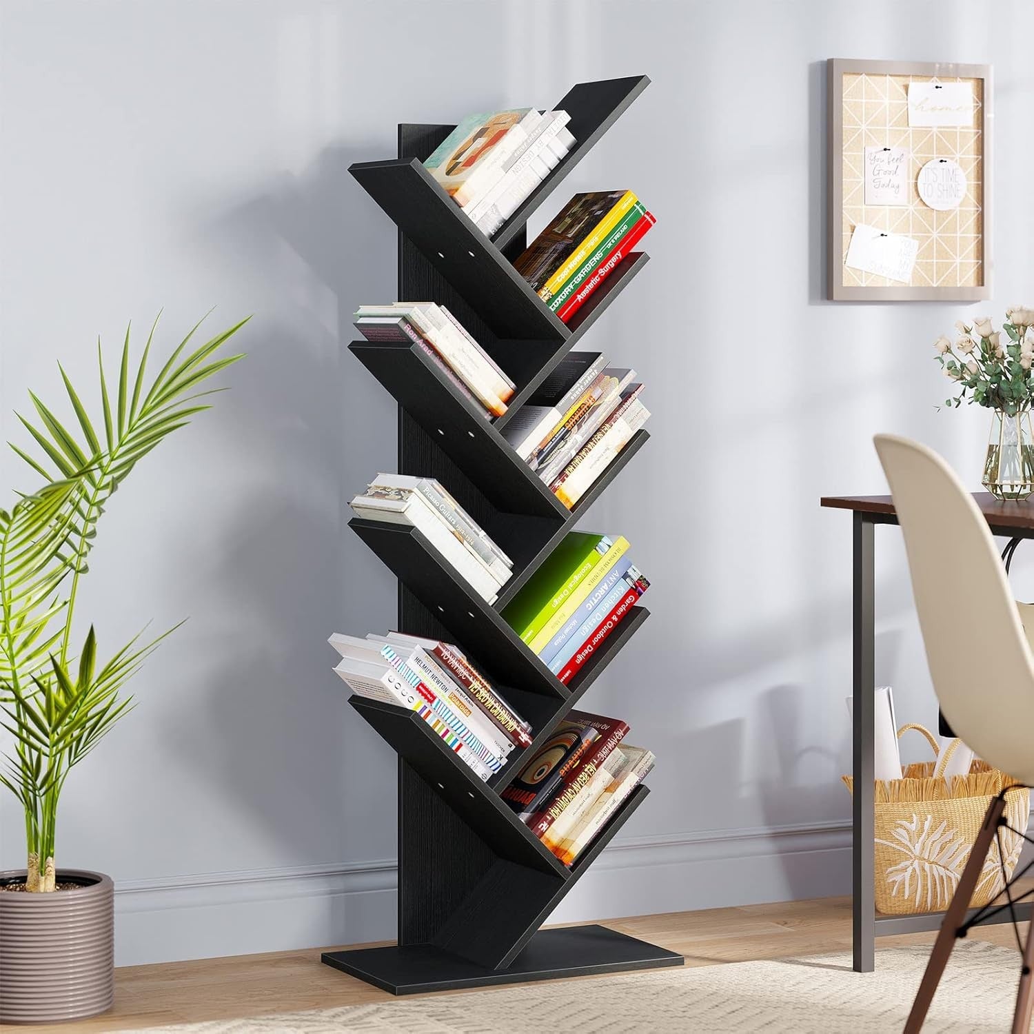 Tall Black Tree Bookshelf | 9-Tier Modern Space-Saving Bookcase for Living Room