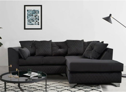 Black Velvet Corner Sofa RH ✨ 3-4 Seater L Shape with Chrome Feet