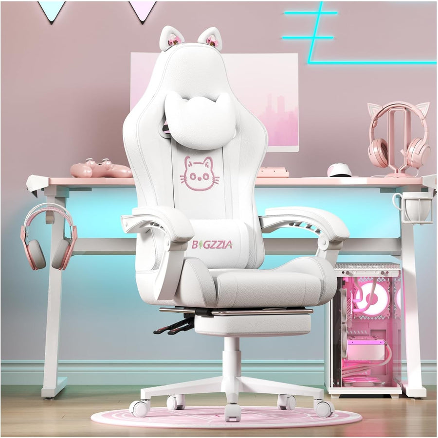 Cute Gaming Chair Cat Ears Massage Footrest White