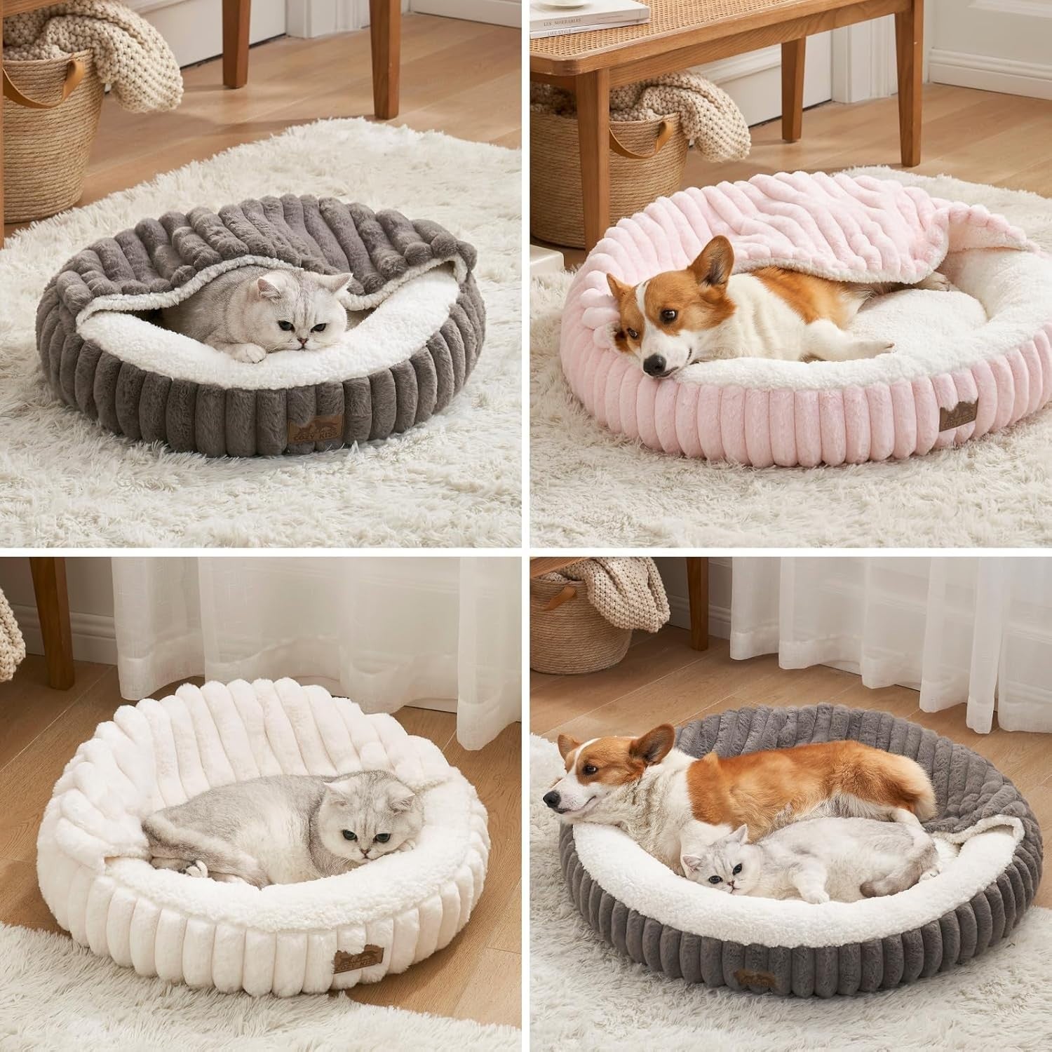 Cat Bed with Blanket 58cm Washable Faux Fur Pet Sofa Anti Slip Base