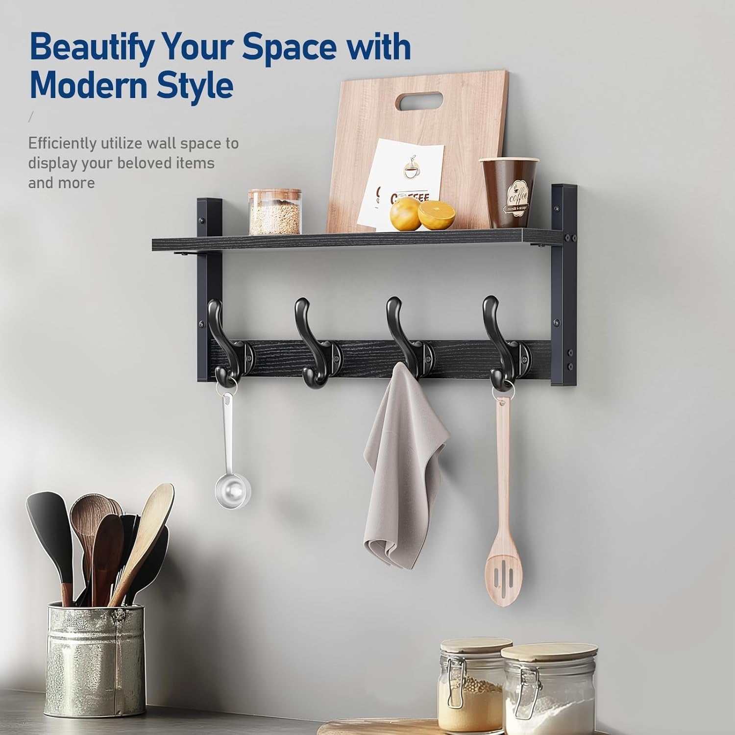 Rustic Black Wall Mounted Coat Rack with Shelf | 20” Hooks for Entryway