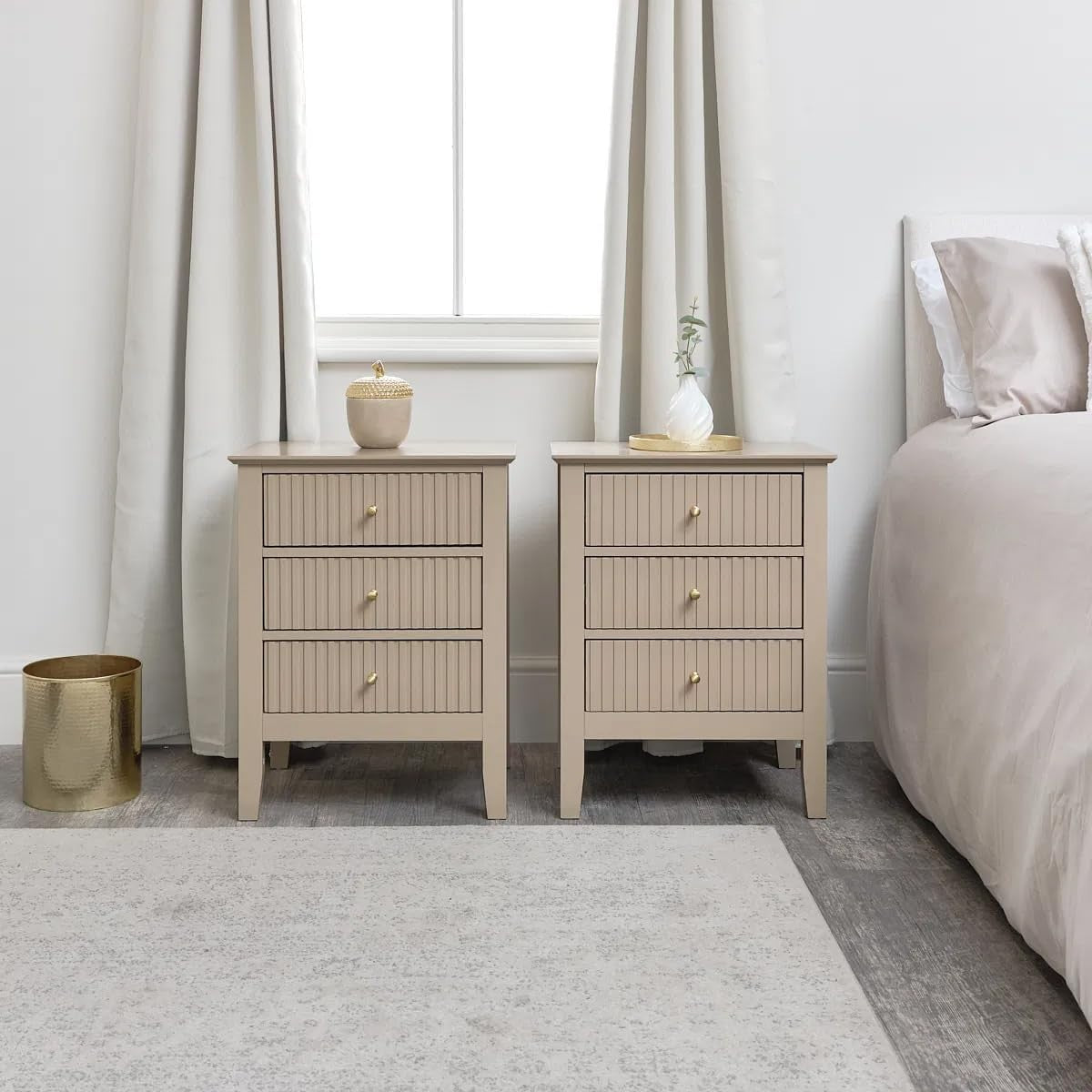 Pair of Modern 3 Drawer Bedside Tables – Taupe Tan Wood Nightstands