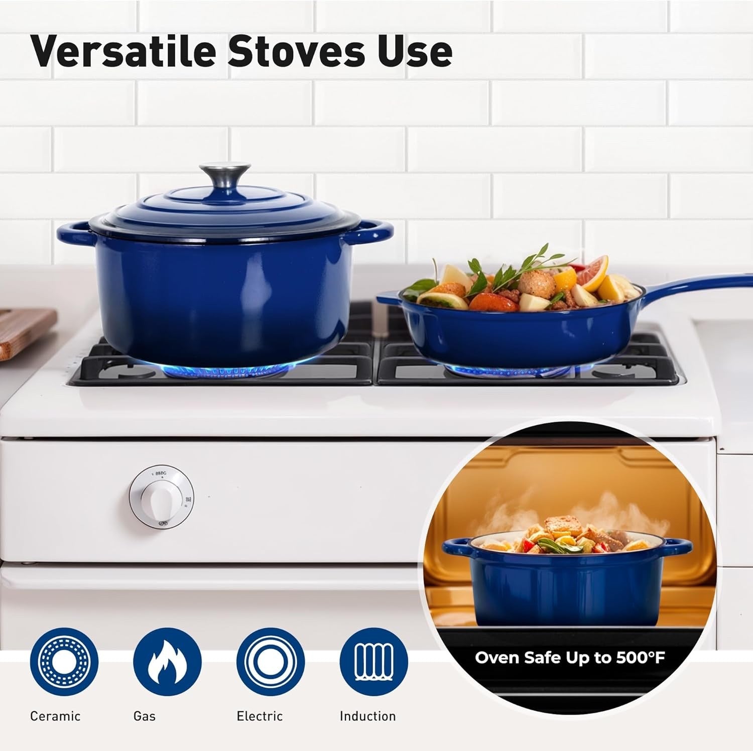7Pcs Blue Enamelled Cast Iron Cookware Set Non Stick Dutch Oven with Lids