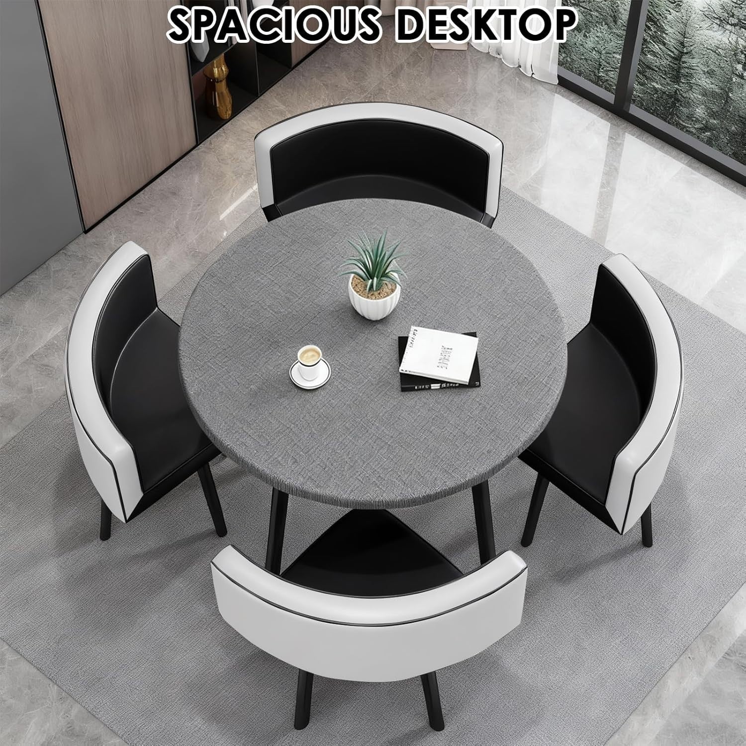 Modern 35.4" Grey Dining Table Set with 4 Chairs – Space-Saving Faux Marble