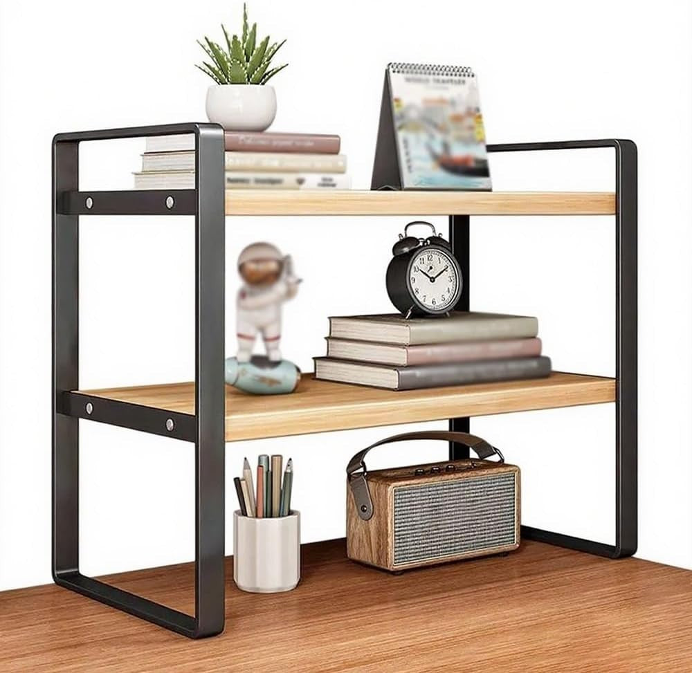 2-Tier Desktop Bookshelf Organizer | Black Wood & Metal Desk Storage Rack 60cm