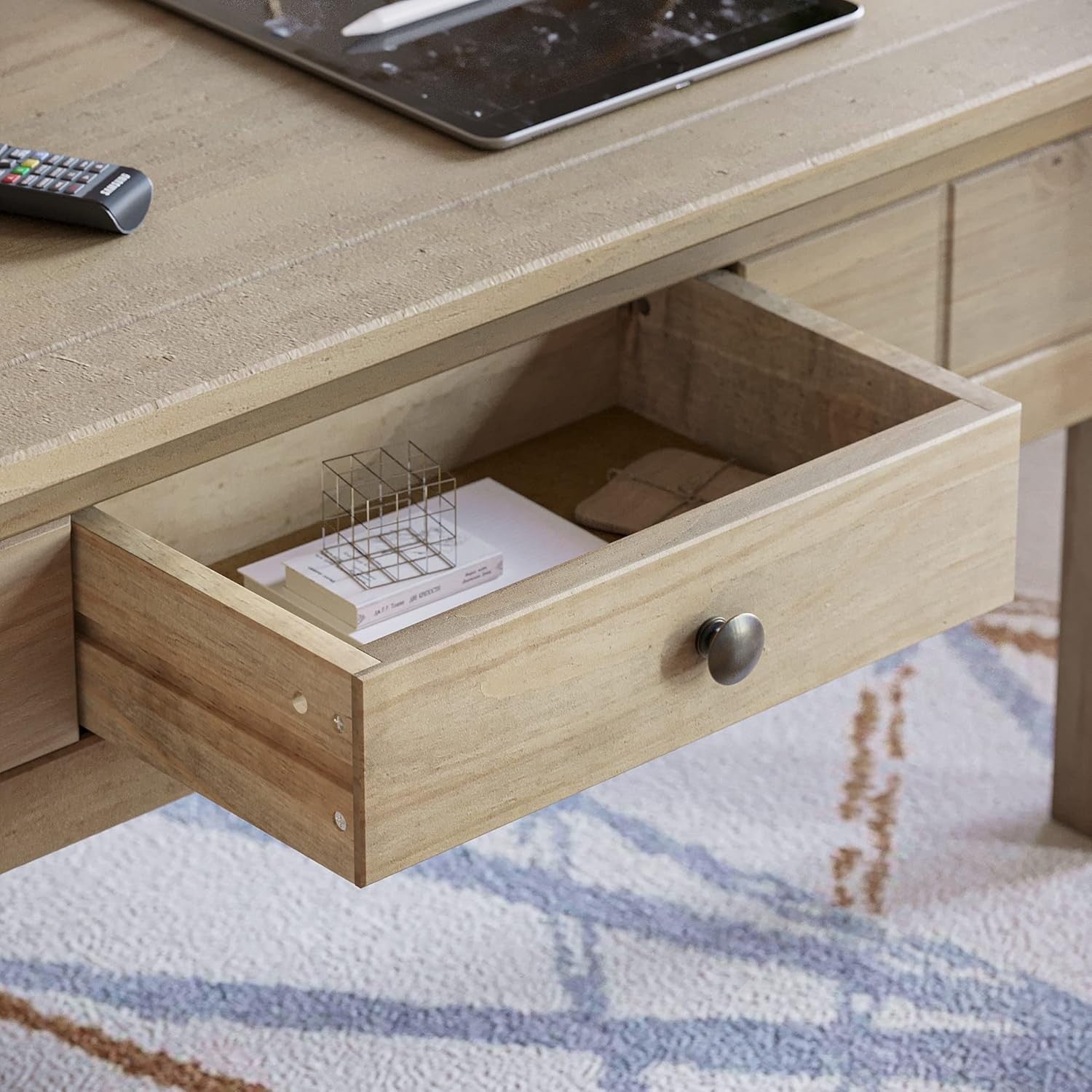 Rustic Natural Oak Coffee Table with Storage Drawer, Solid Pine Wood 60x100cm