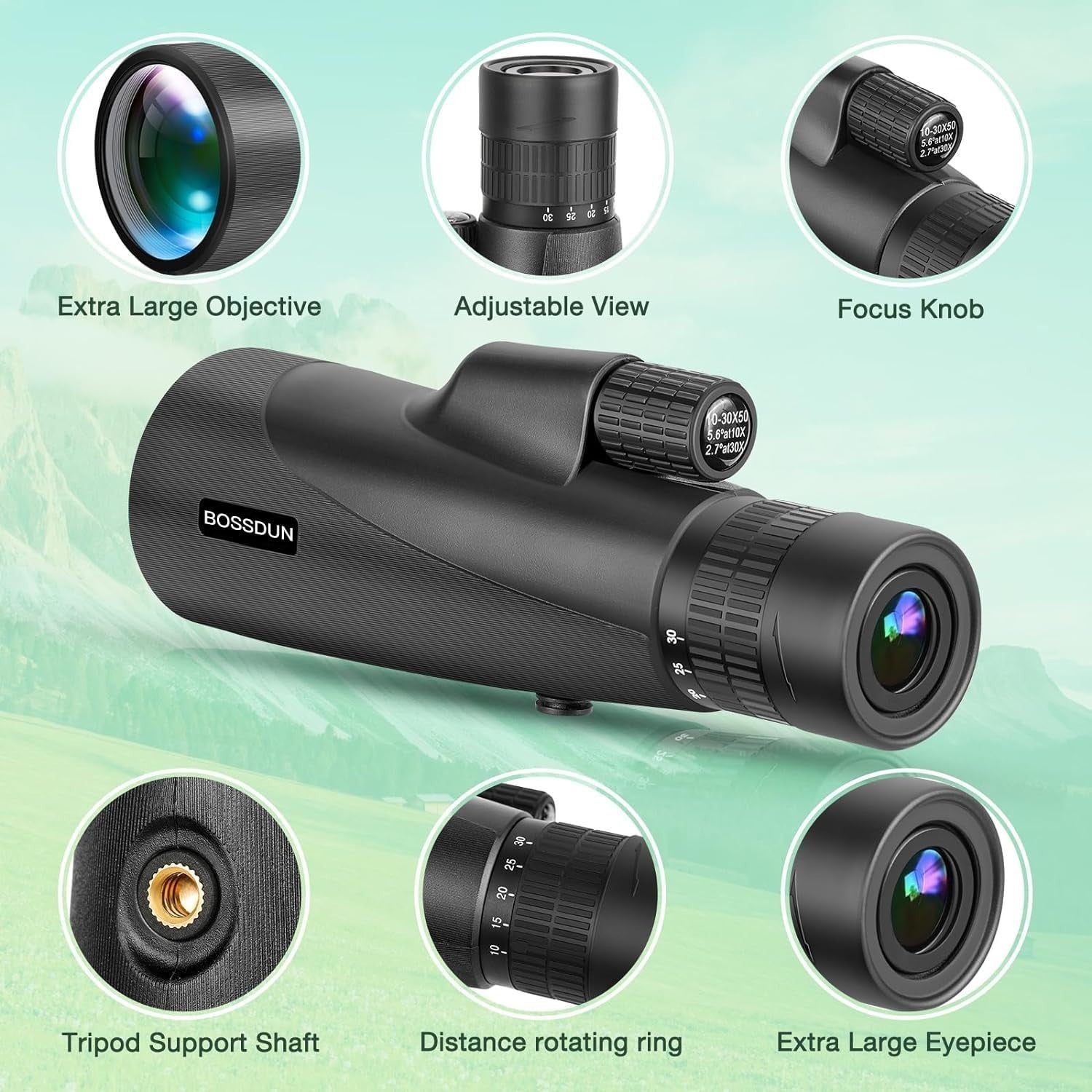 10-30x50 High Power Zoom Monocular BAK4 Prism HD with Tripod & Phone Adapter