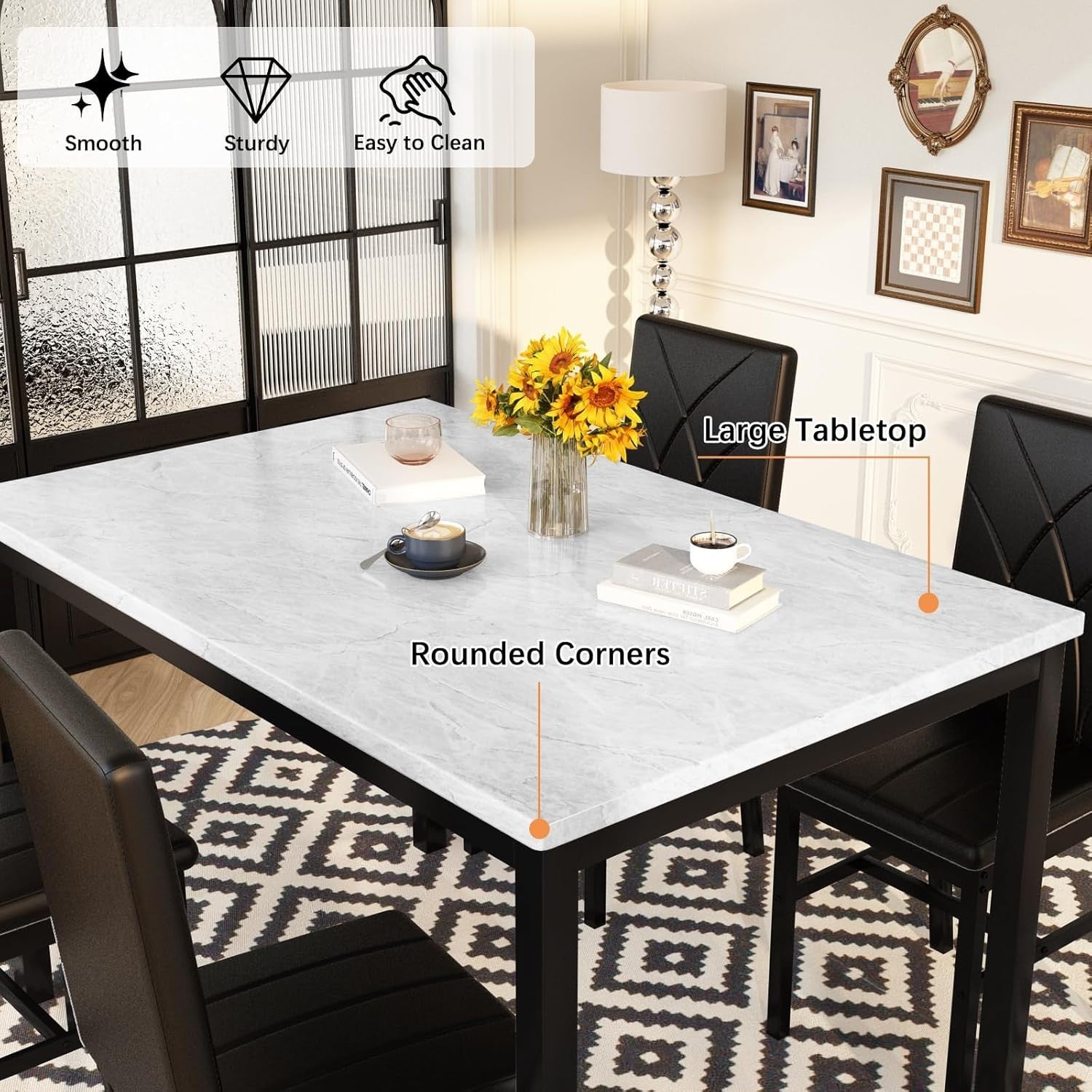 4 Seater Dining Table Set Faux Marble Black PU Chairs Space Saving Modern