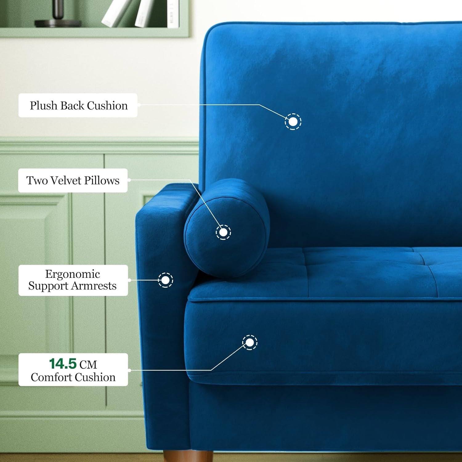 Blue Velvet 2 Seater Sofa Small Space Comfy Couch Wood Legs Living Room