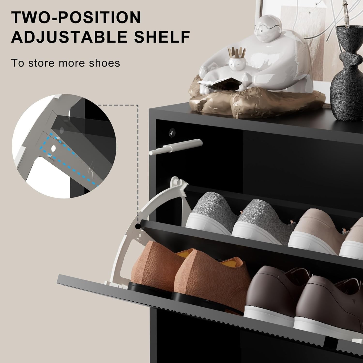 Black Slim Shoe Cabinet Storage | 3 Flip Drawers, 131cm, Anti-Tip Design