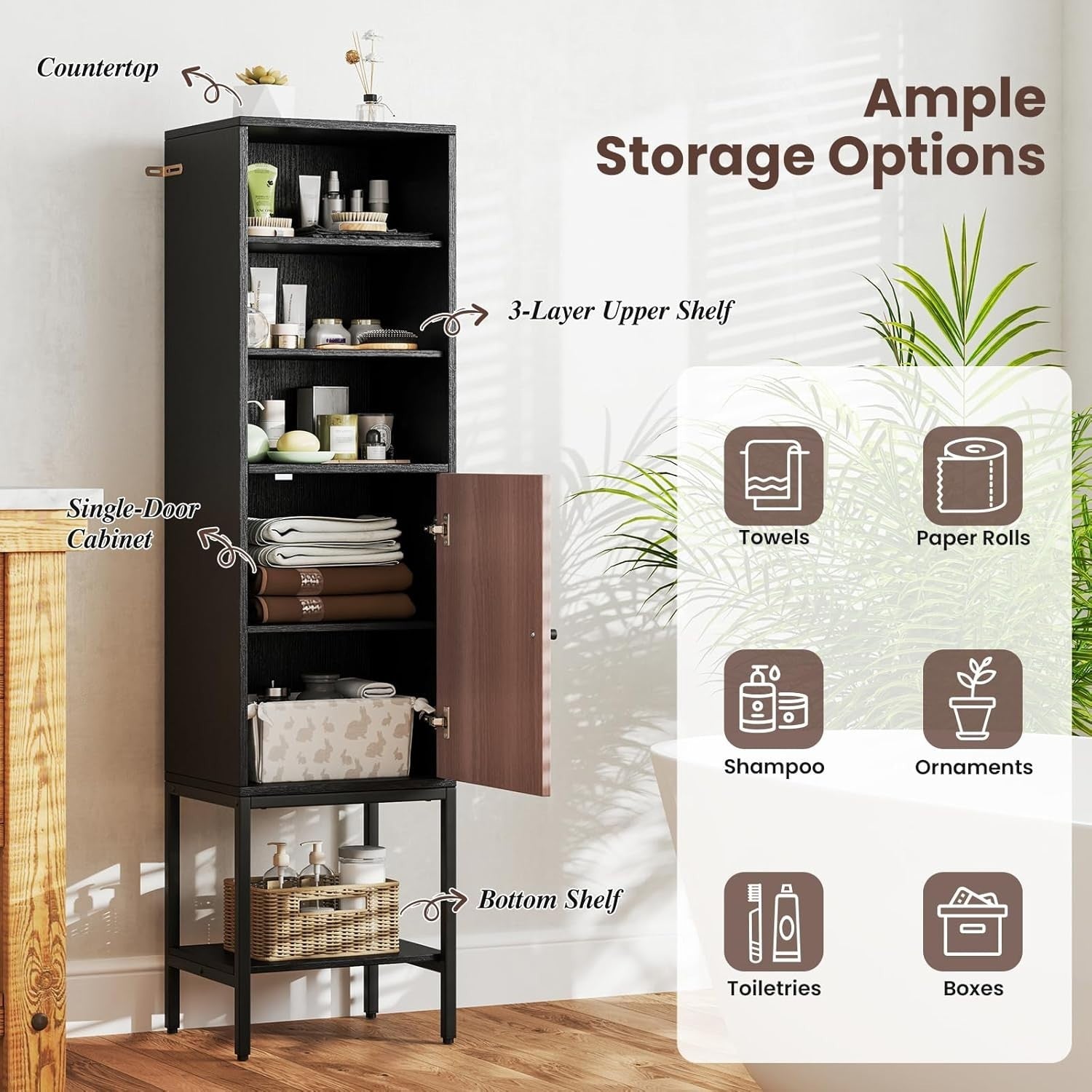 146cm Tall Wooden Storage Cabinet Black Adjustable Shelves Slim Cupboard