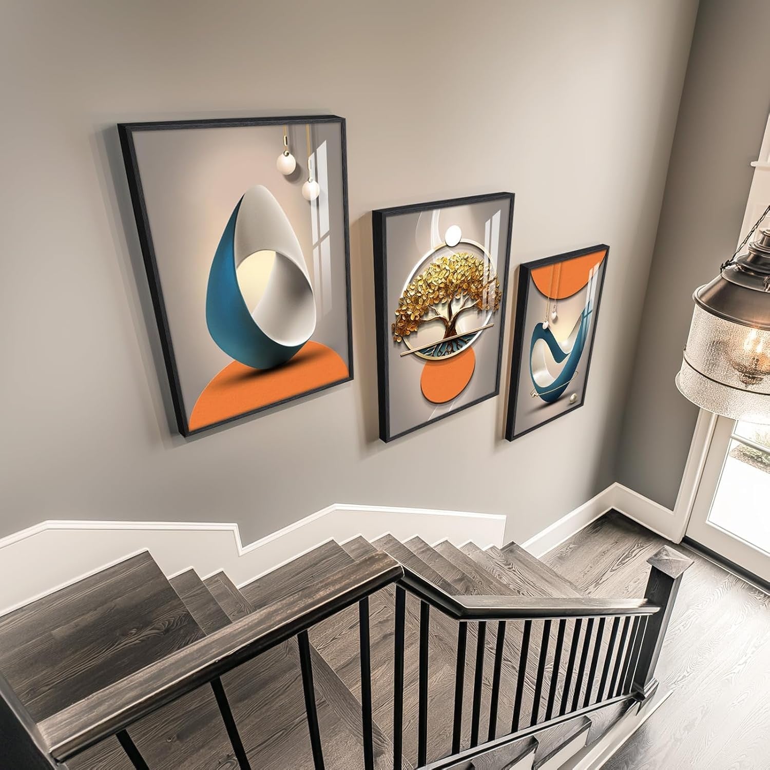Large Framed Abstract Wall Art 3 Panel 24x36in Modern Orange Grey