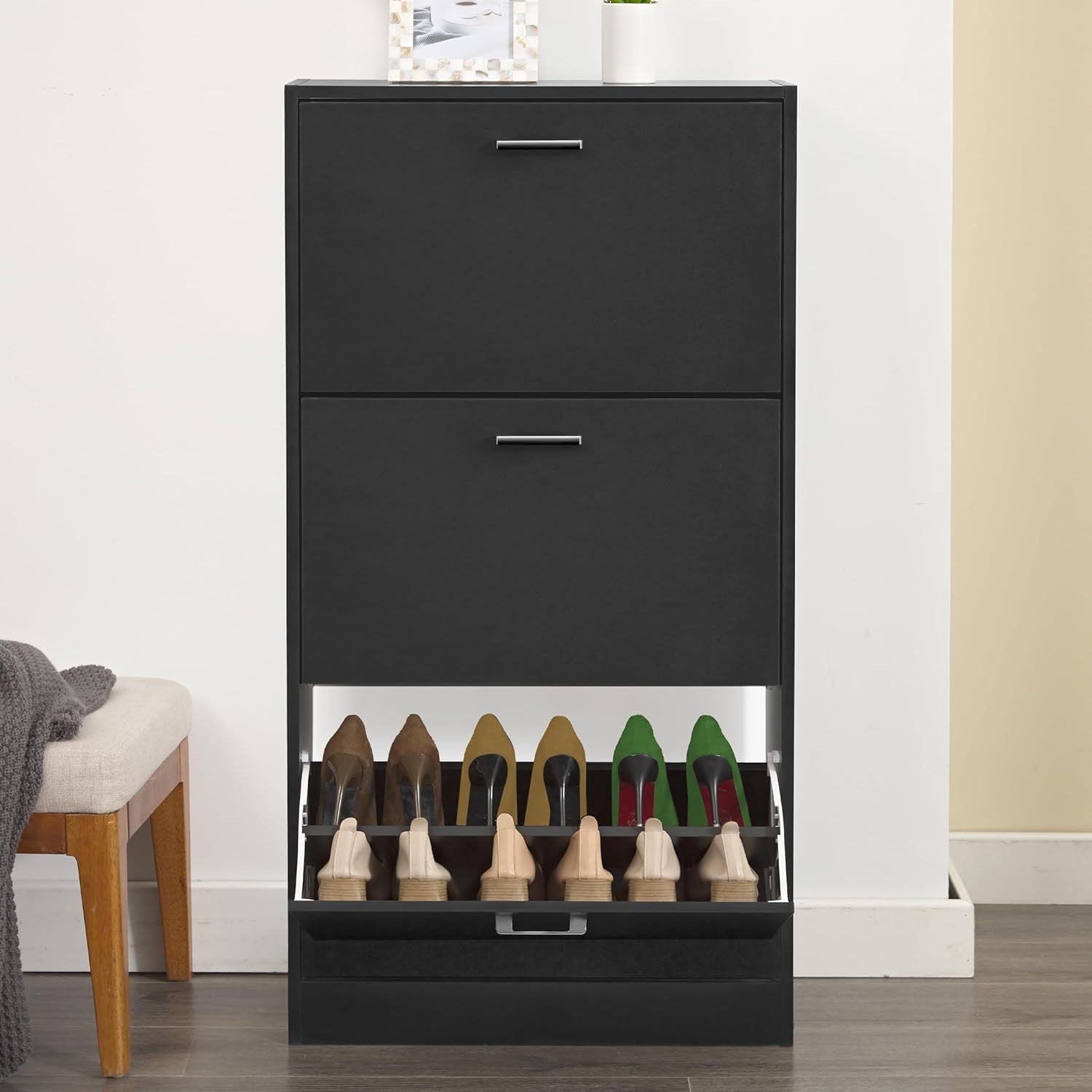 3 Tier Shoe Storage Cabinet Space Saving Organiser with Pull Down Drawers