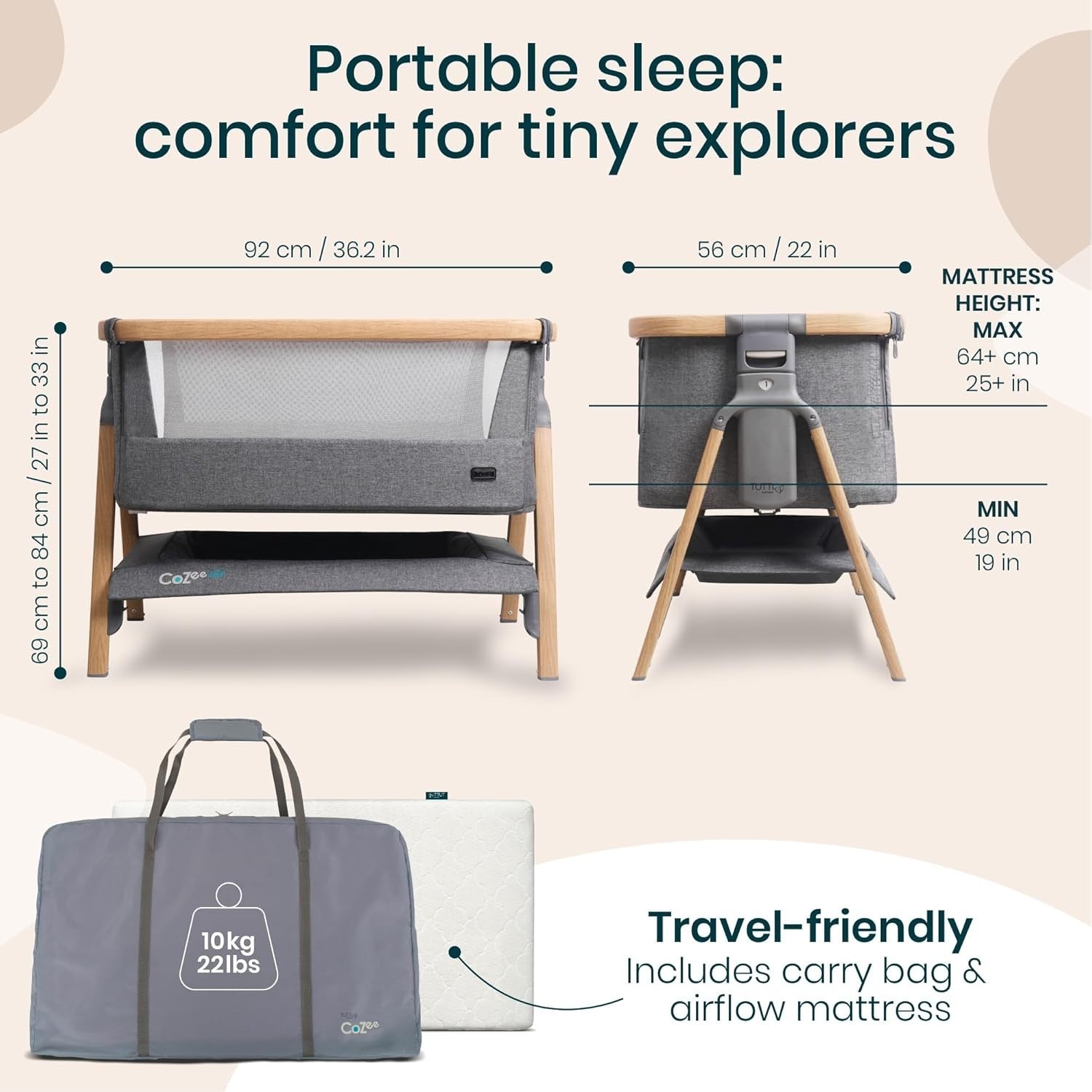 Foldable Baby Bedside Crib Co-Sleeper Cot with Mattress Travel Bag 2 Sheets Grey