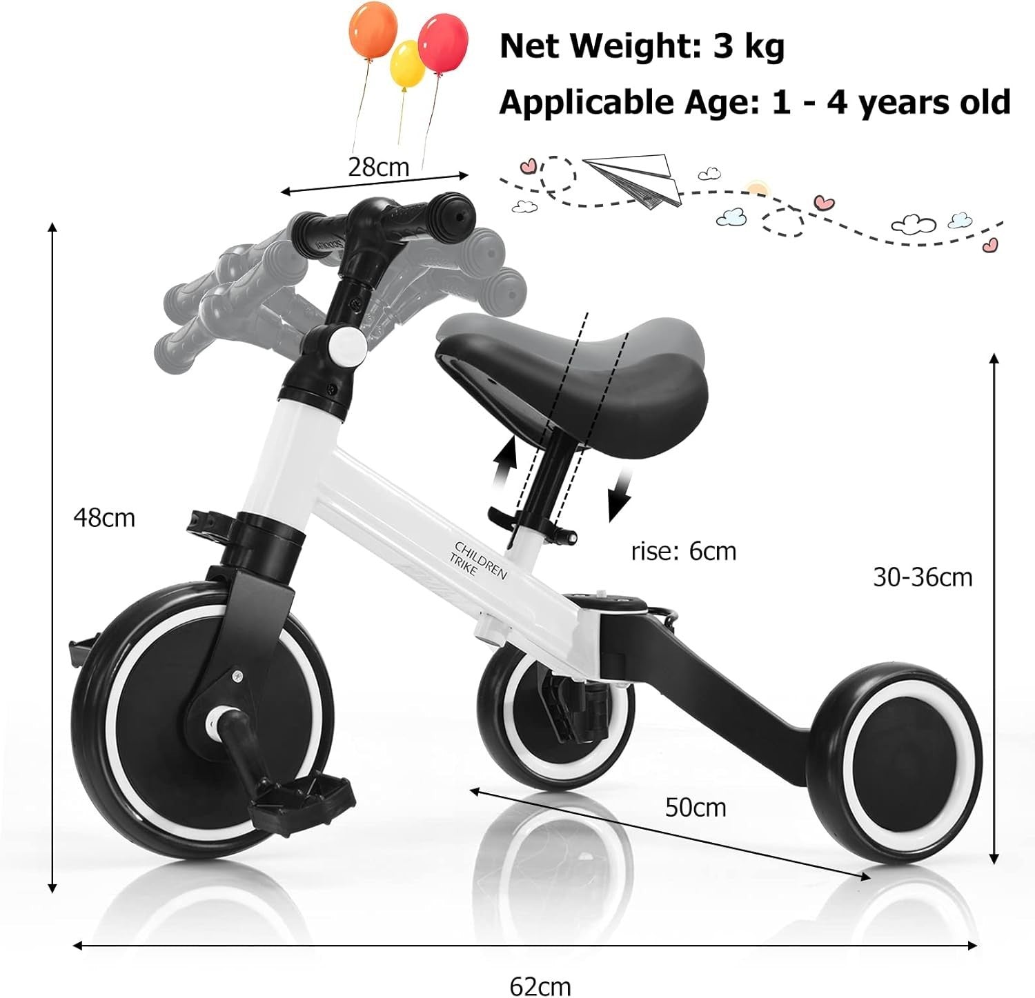 3 In 1 Toddler Tricycle Balance Bike Baby Walker Adjustable White 1-4Y