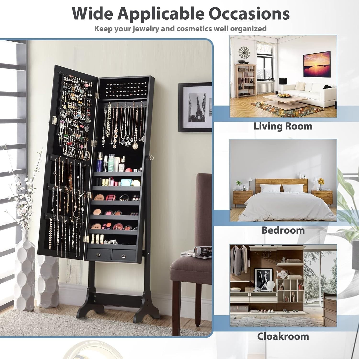 Lockable Standing Jewelry Armoire Full Length Mirror Large Storage Black