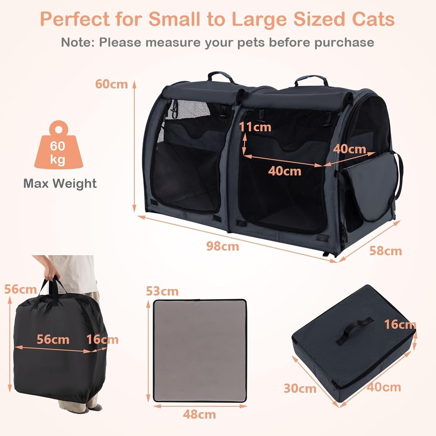 Foldable Pet Carrier 2-in-1 Cat Dog Travel Crate with Hammocks & Litter Box