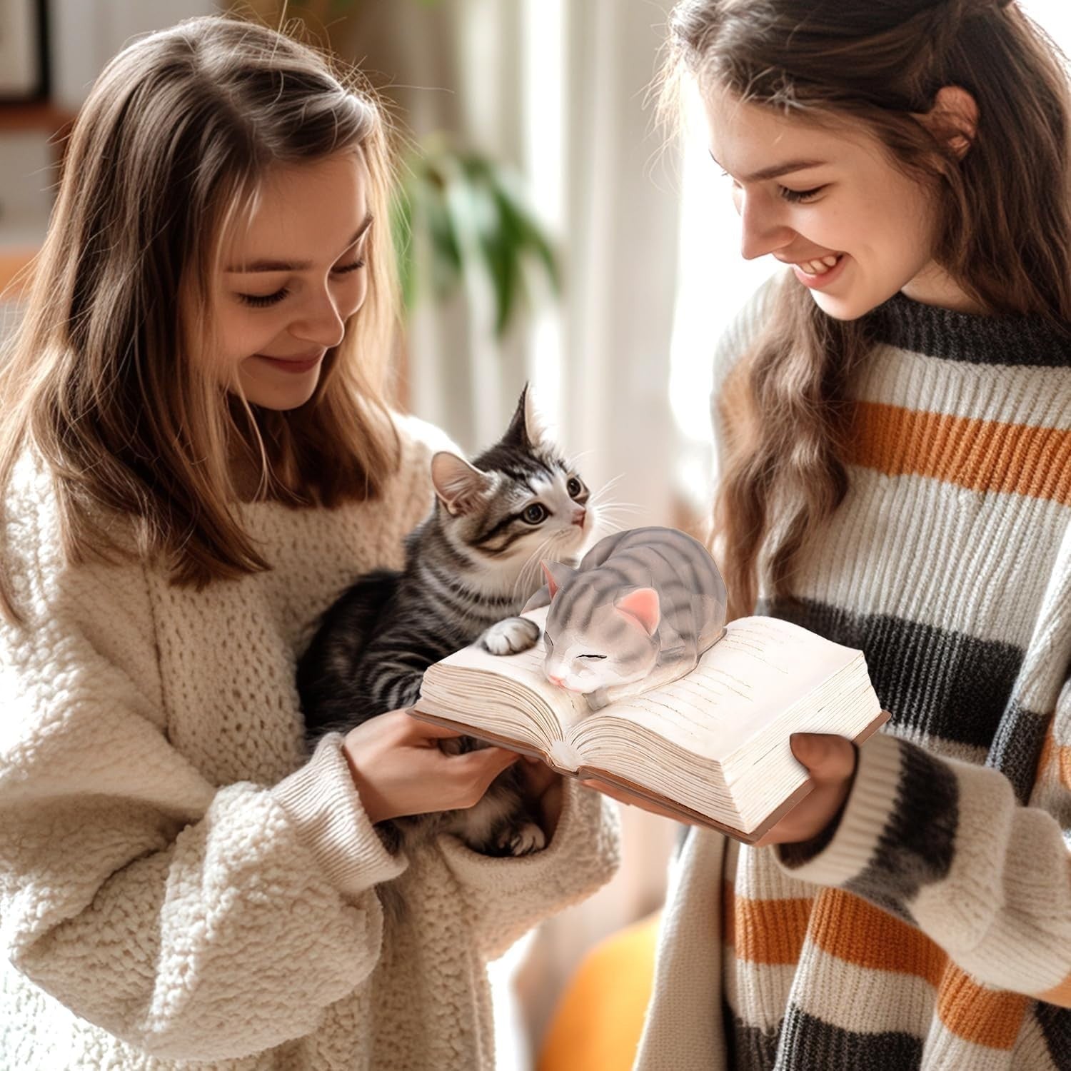Sleeping Cat Figurine on Book with Bookmark | Cute Cat Lover Gift Home Decor