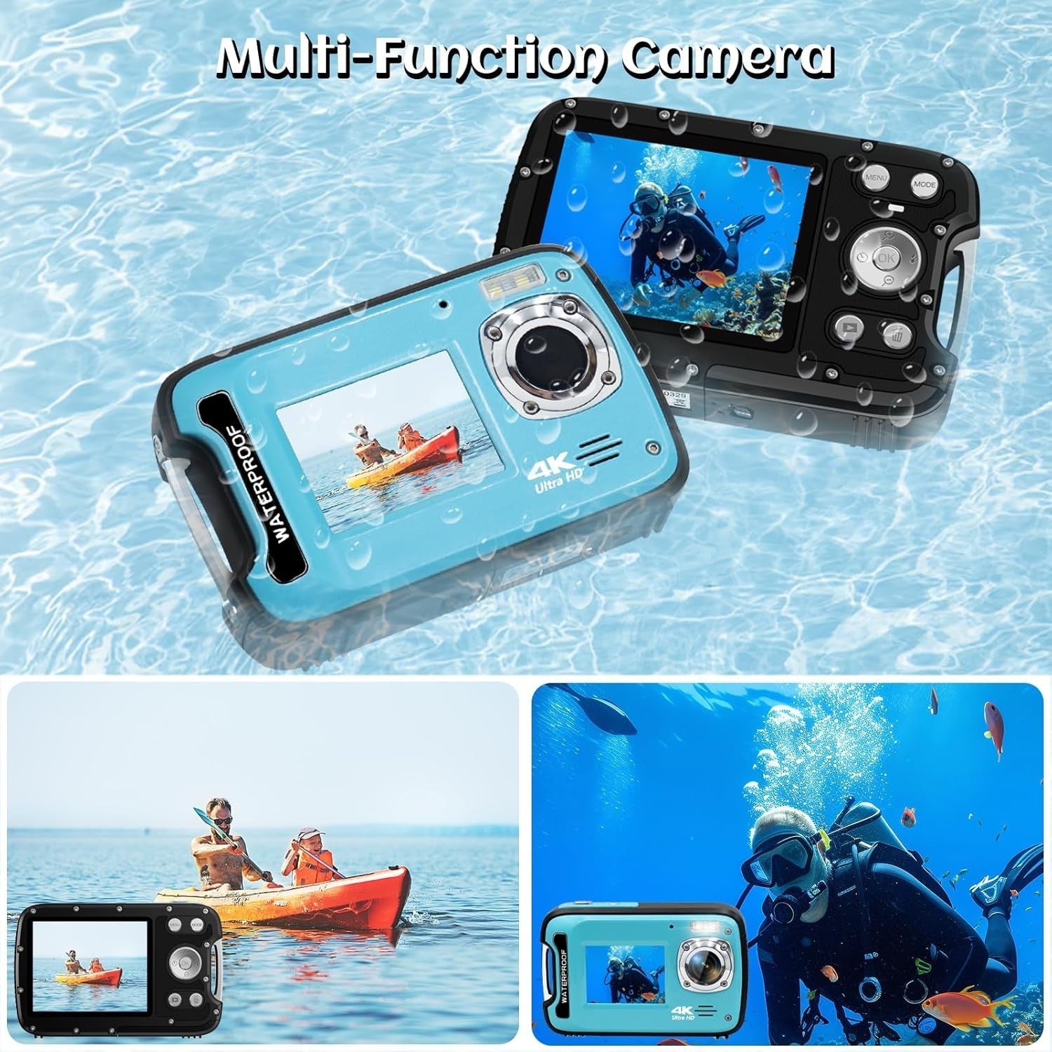 4K Waterproof Camera 48MP Dual Screen Snorkeling Camera 32GB