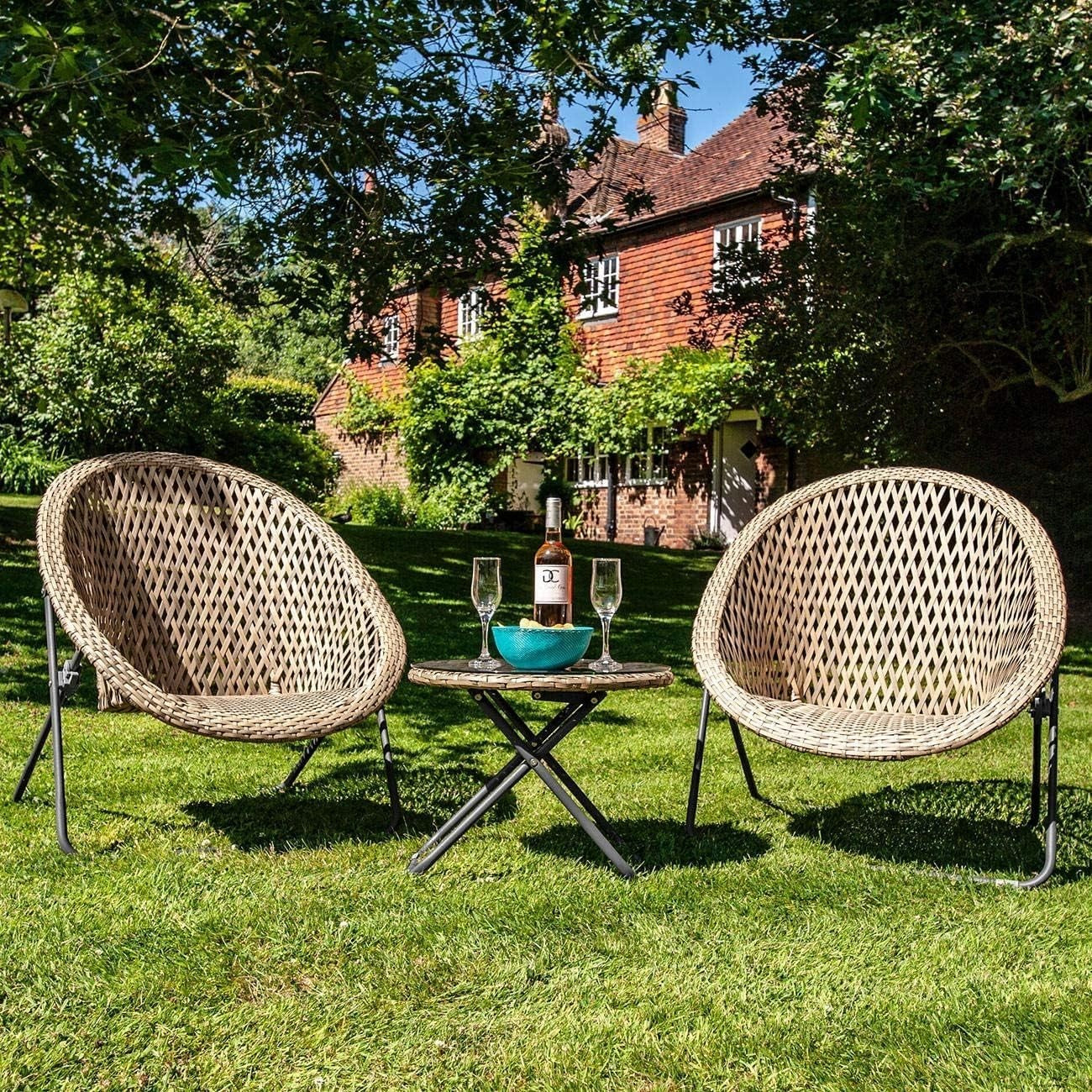 Rattan Bistro Set Garden Patio Egg Chairs & Glass Table Outdoor Set