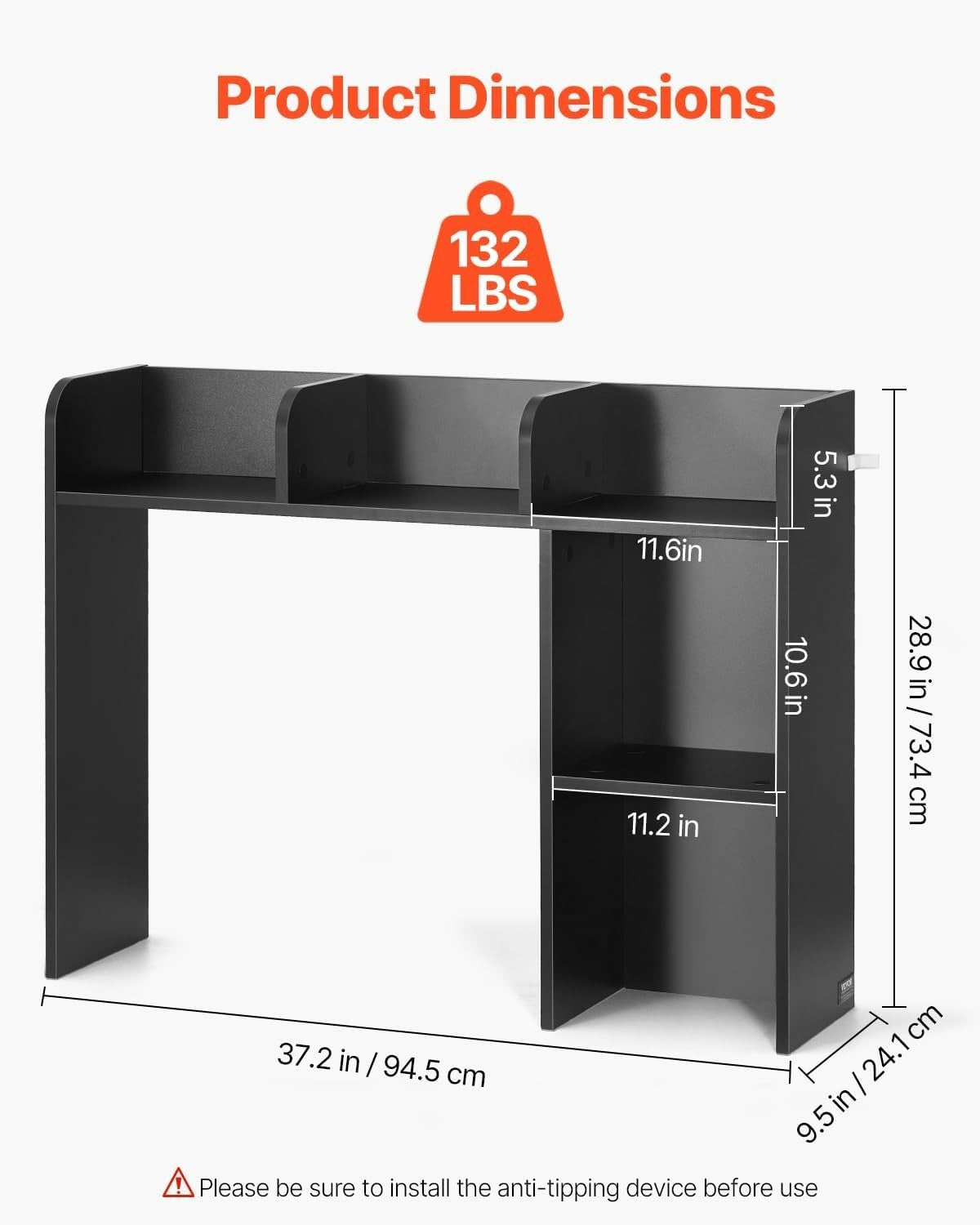 Black 2-Tier Desktop Bookshelf 94.5cm Desk Hutch Storage Organiser Heavy-Duty