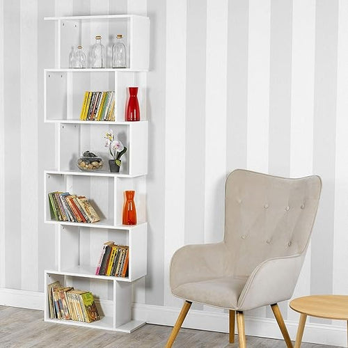 6 Tier White S-Shaped Display Shelf | Modern Tall Bookcase Storage Unit