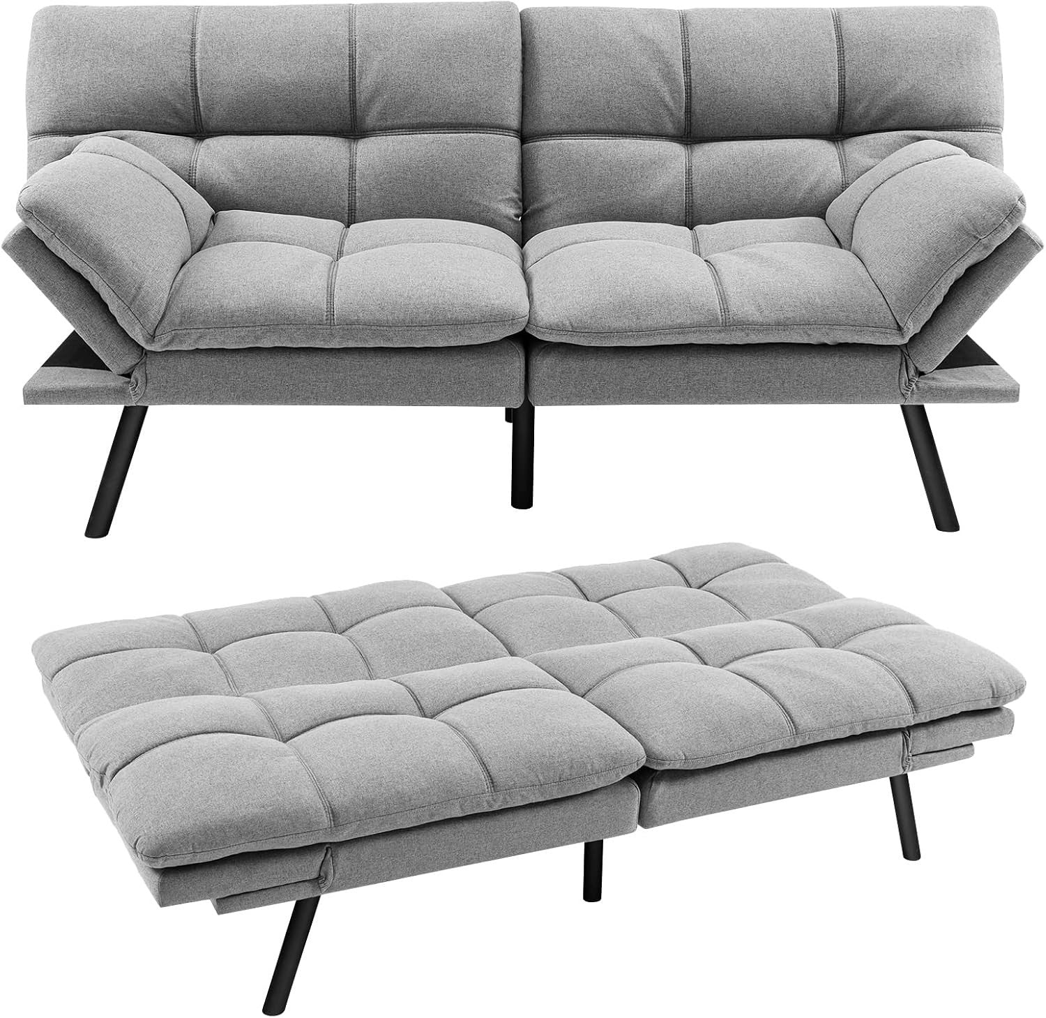 Grey Linen 2/3 Seater Sofa Bed Click Clack Recliner Adjustable Armrests