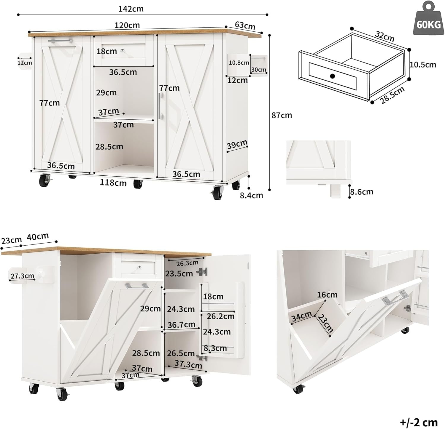 Kitchen Island Trolley on Wheels Expandable Worktop Drawer Storage White