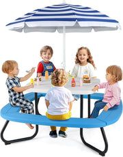 Kids Picnic Table & 8-Seat Bench Set with Adjustable Umbrella Outdoor Indoor