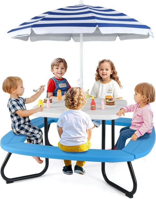 Kids Picnic Table & 8-Seat Bench Set with Adjustable Umbrella Outdoor Indoor