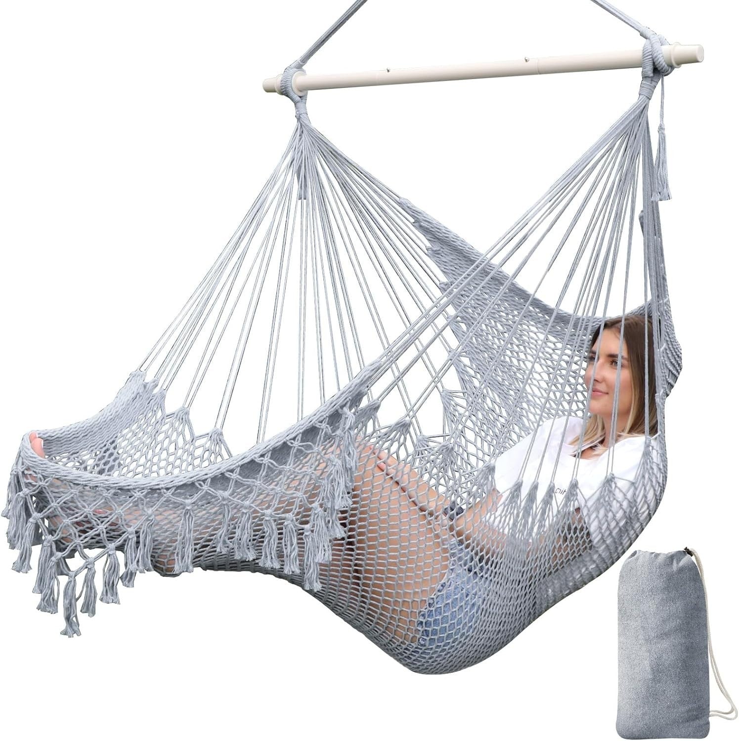 Light Grey Hanging Hammock Chair – Cotton Mesh, Indoor Outdoor, 120kg Max