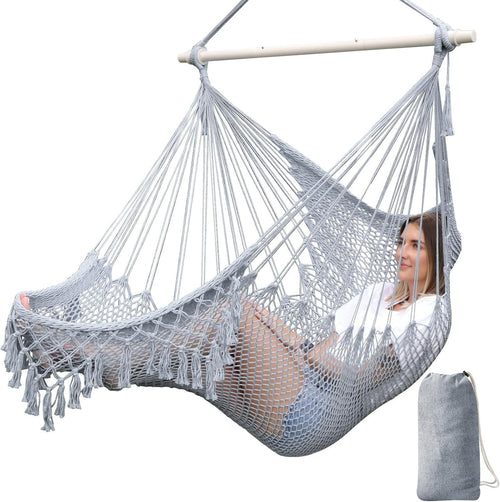 Light Grey Hanging Hammock Chair – Cotton Mesh, Indoor Outdoor, 120kg Max