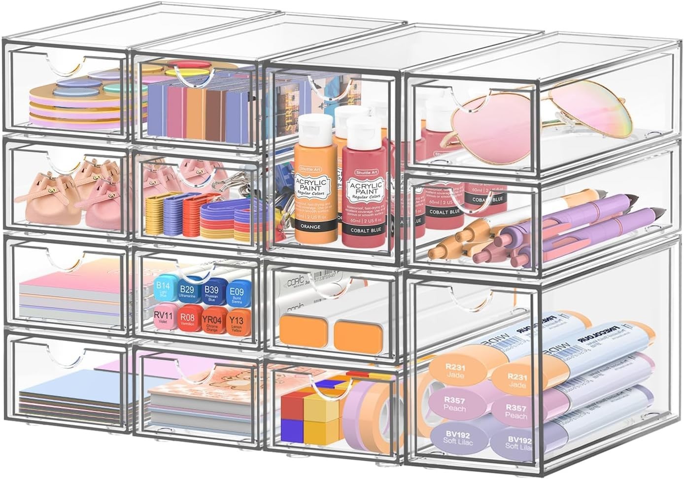 14-Drawer Acrylic Desk Organizer Stackable Storage for Makeup & Office