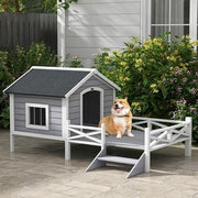 Outdoor Wooden Dog House with Porch, Ladder & Window, Weatherproof Shelter
