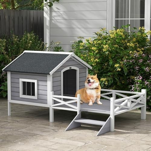 Outdoor Wooden Dog House with Porch, Ladder & Window, Weatherproof Shelter