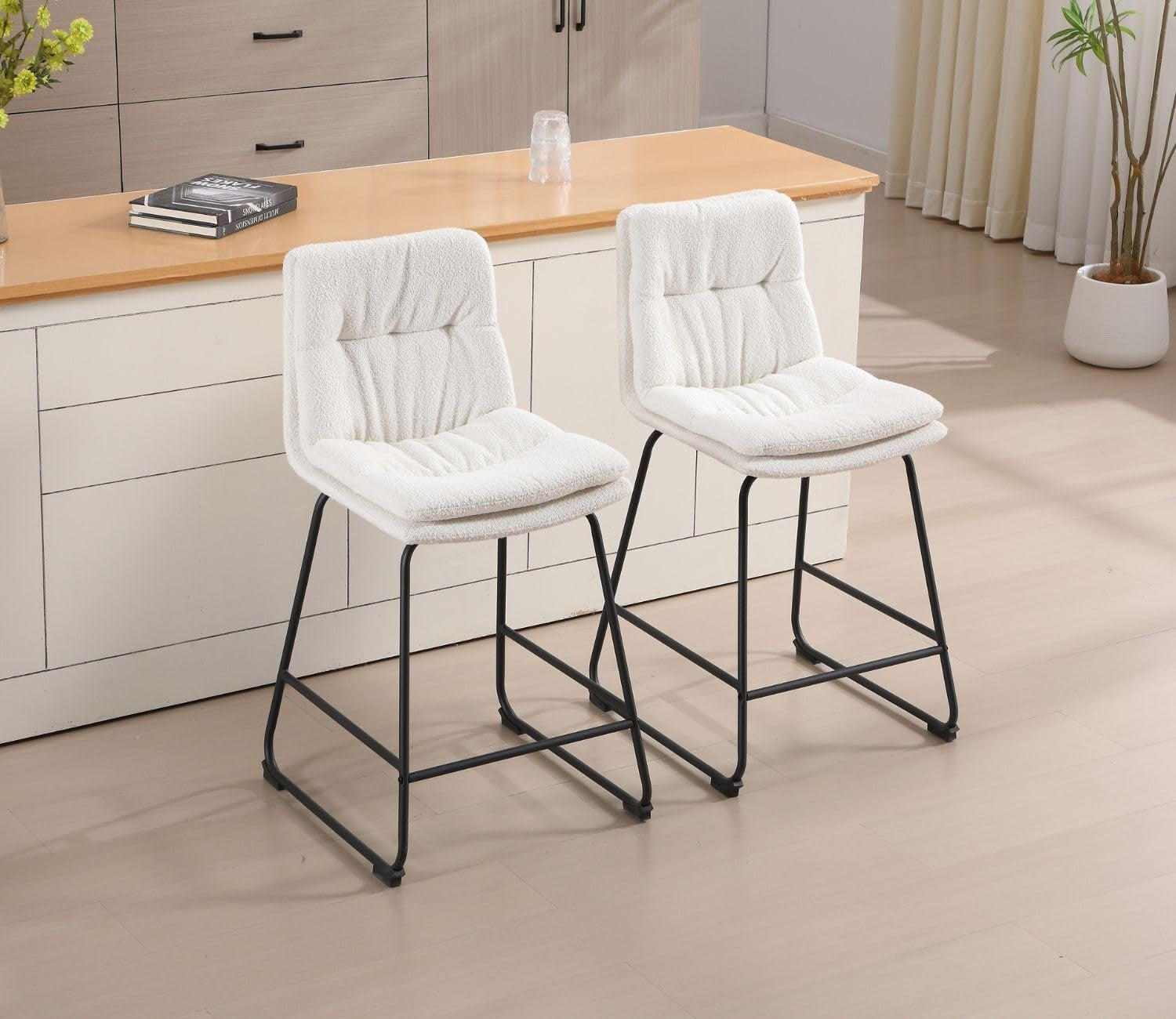Modern White Bar Stools Set of 2 – Teddy Fabric Counter Chairs