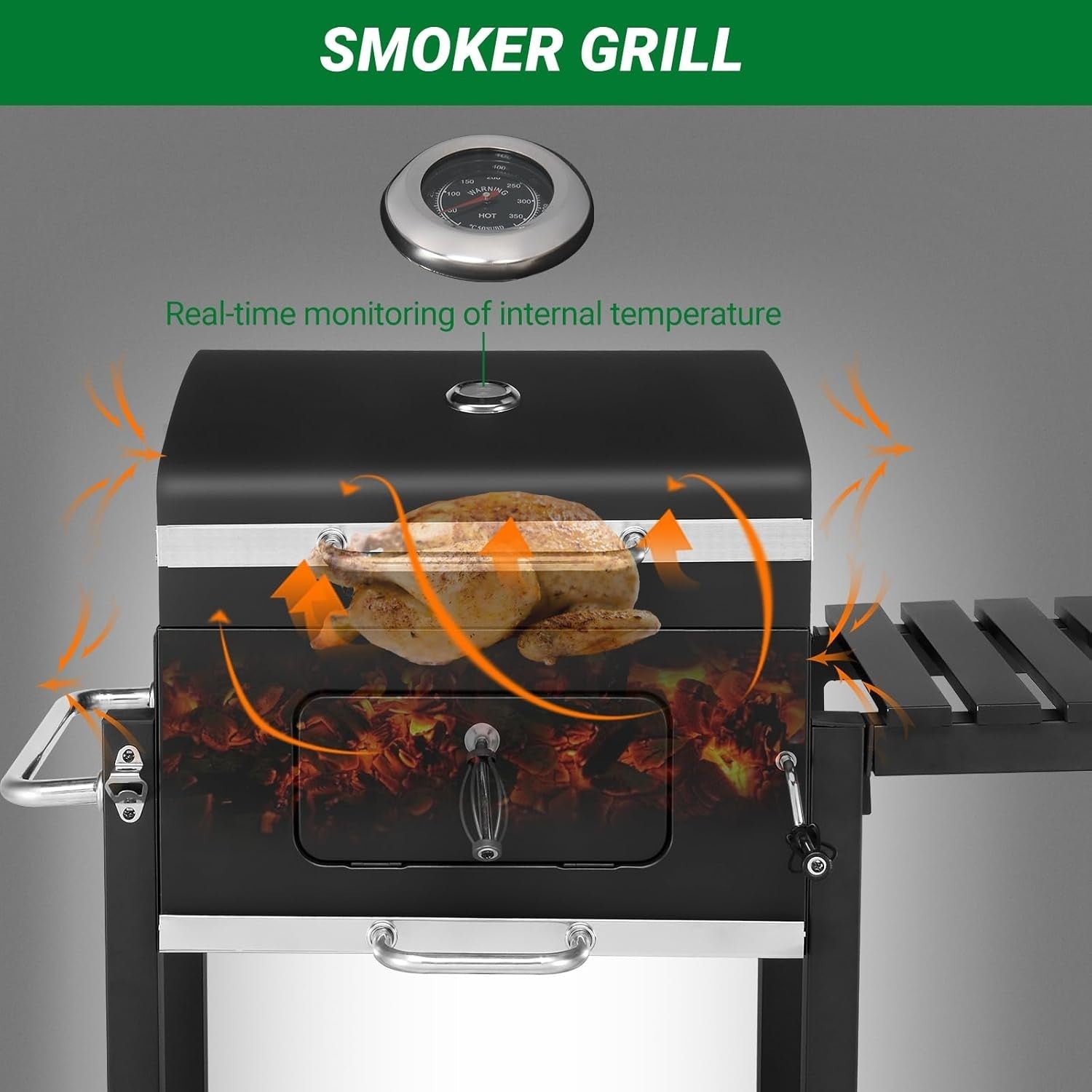 Portable Charcoal BBQ Grill with Folding Side Table, Height Adjustable Tray