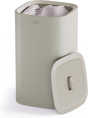 60L Laundry Basket with Lid Single Compartment Removable Tote Bag Ecru Modern