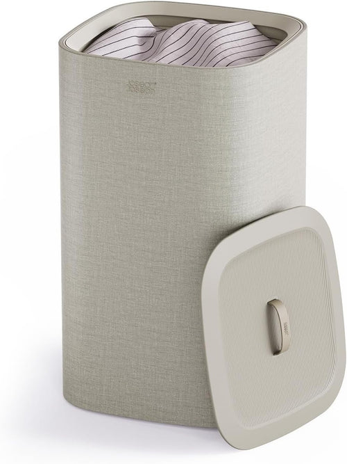 60L Laundry Basket with Lid Single Compartment Removable Tote Bag Ecru Modern