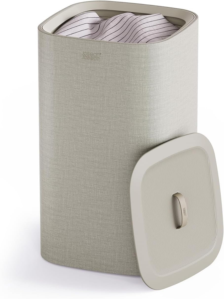 60L Laundry Basket with Lid Single Compartment Removable Tote Bag Ecru Modern
