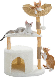 Modern Cat Tree 97cm Solid Wood Tower Rattan Basket Condo Indoor Cats