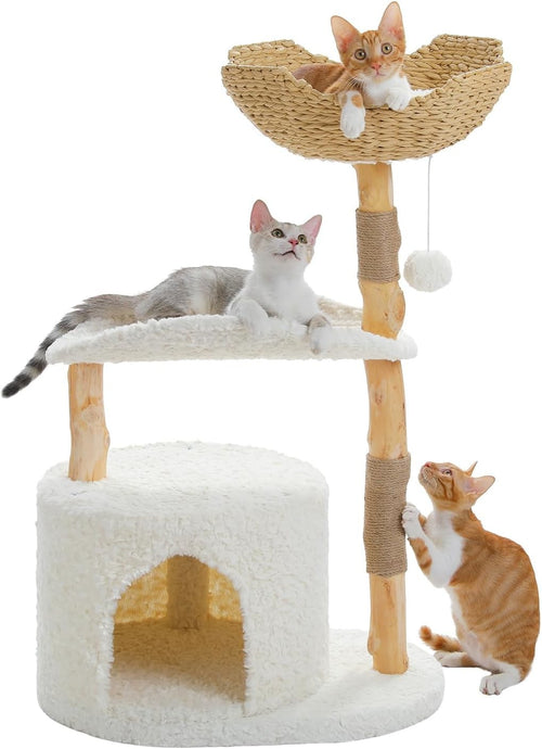 Modern Cat Tree 97cm Solid Wood Tower Rattan Basket Condo Indoor Cats