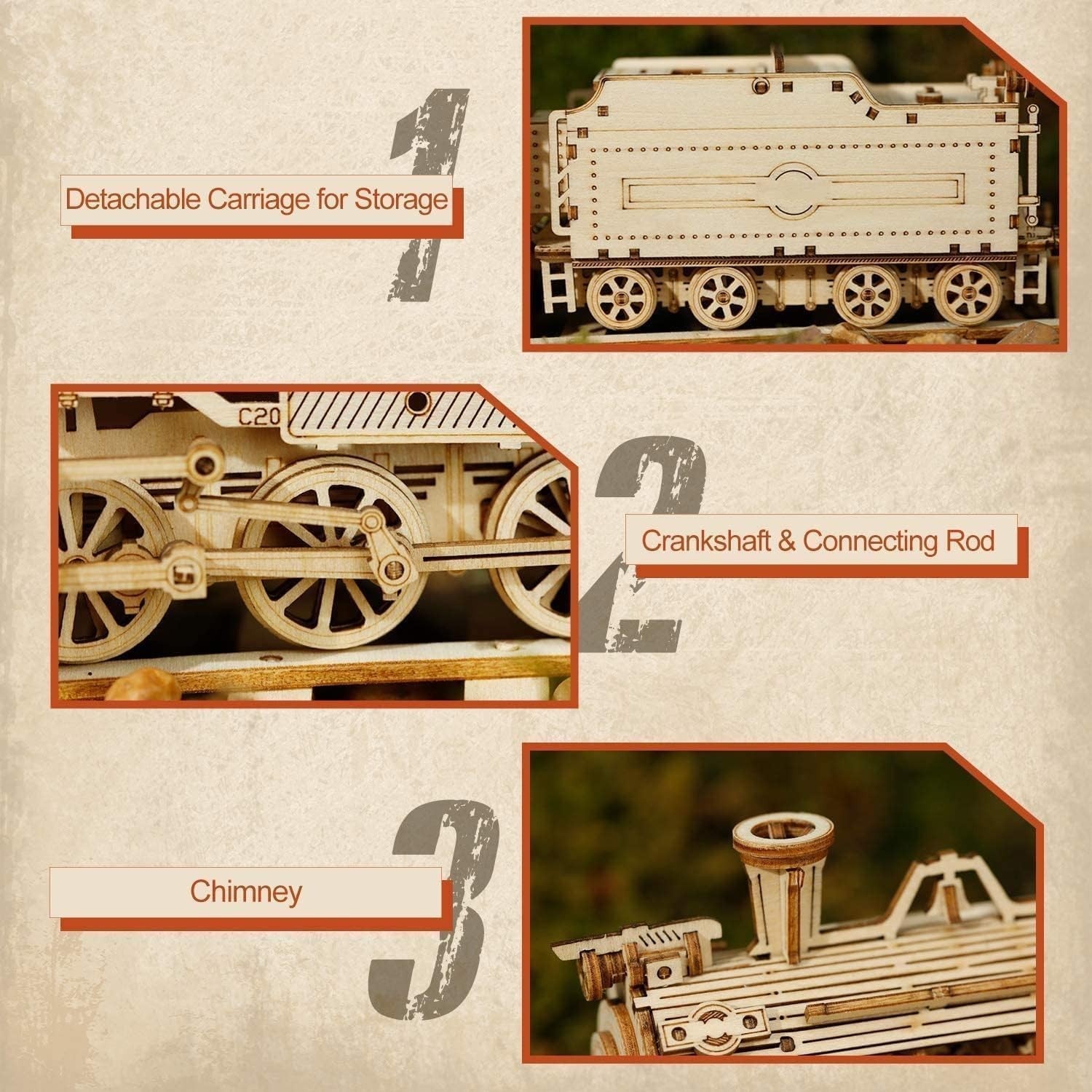 3D Wooden Steam Train Puzzle Model Kit – 308 Pieces, DIY Mechanical Toy