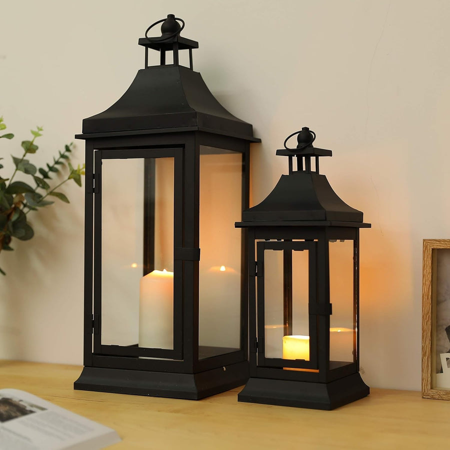 2 Pack Black Vintage Metal Candle Lanterns Indoor Outdoor