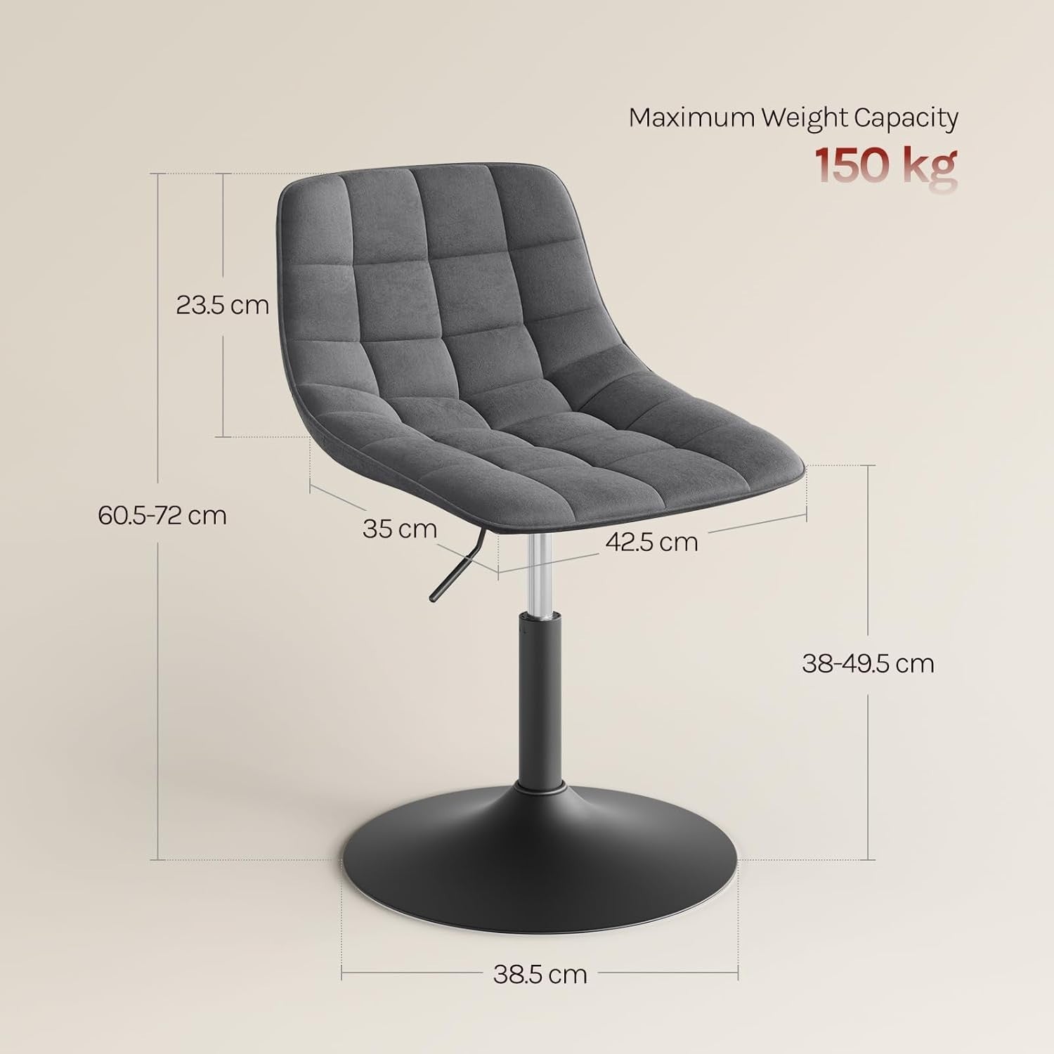 Dark Grey Velvet Swivel Vanity Stool Height Adjustable Dressing Chair